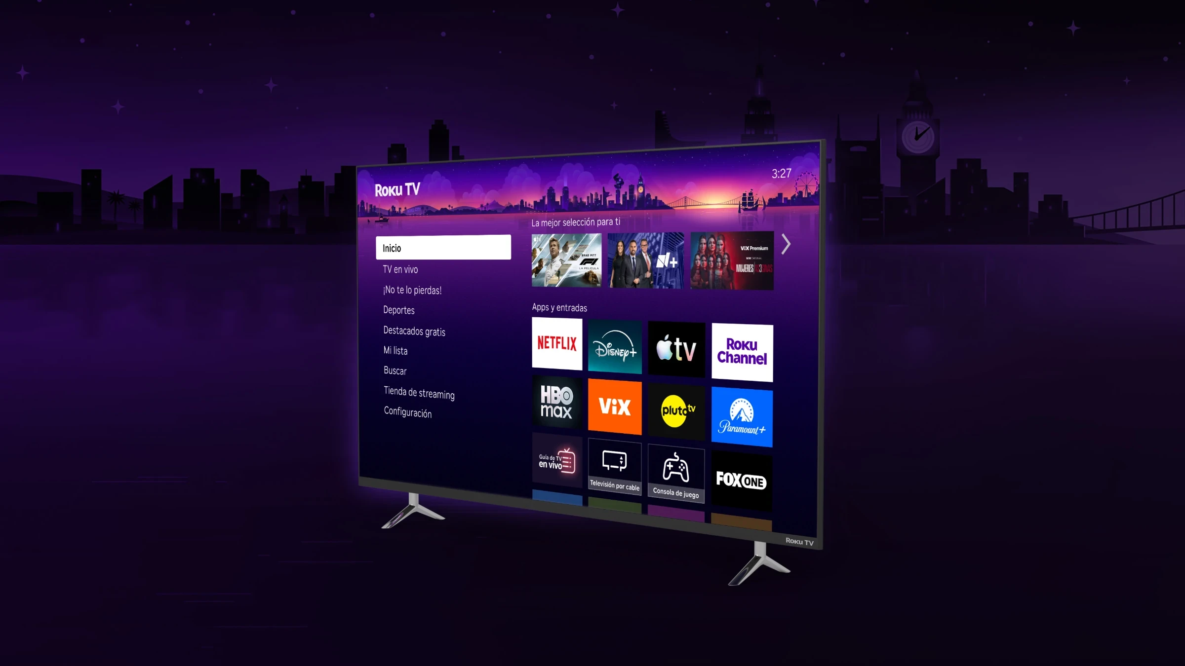 Interfaz de la pantalla de inicio de Roku en una televisión