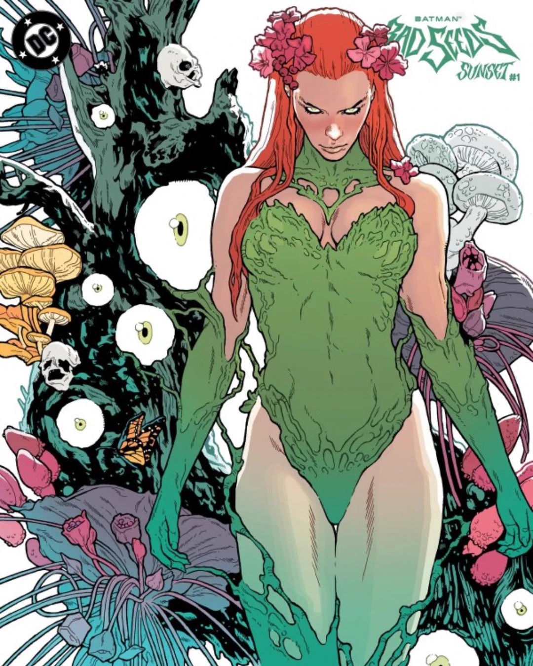 Hiedra Venenosa en una ilustración de los cómics de DC con su traje verde y hojas